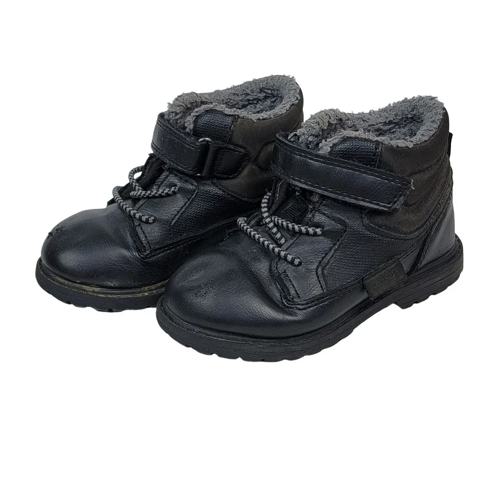 OshKosh B'gosh Tallow Boots Boys 7M Black Gray Faux Fur Lined Toddler Shoes